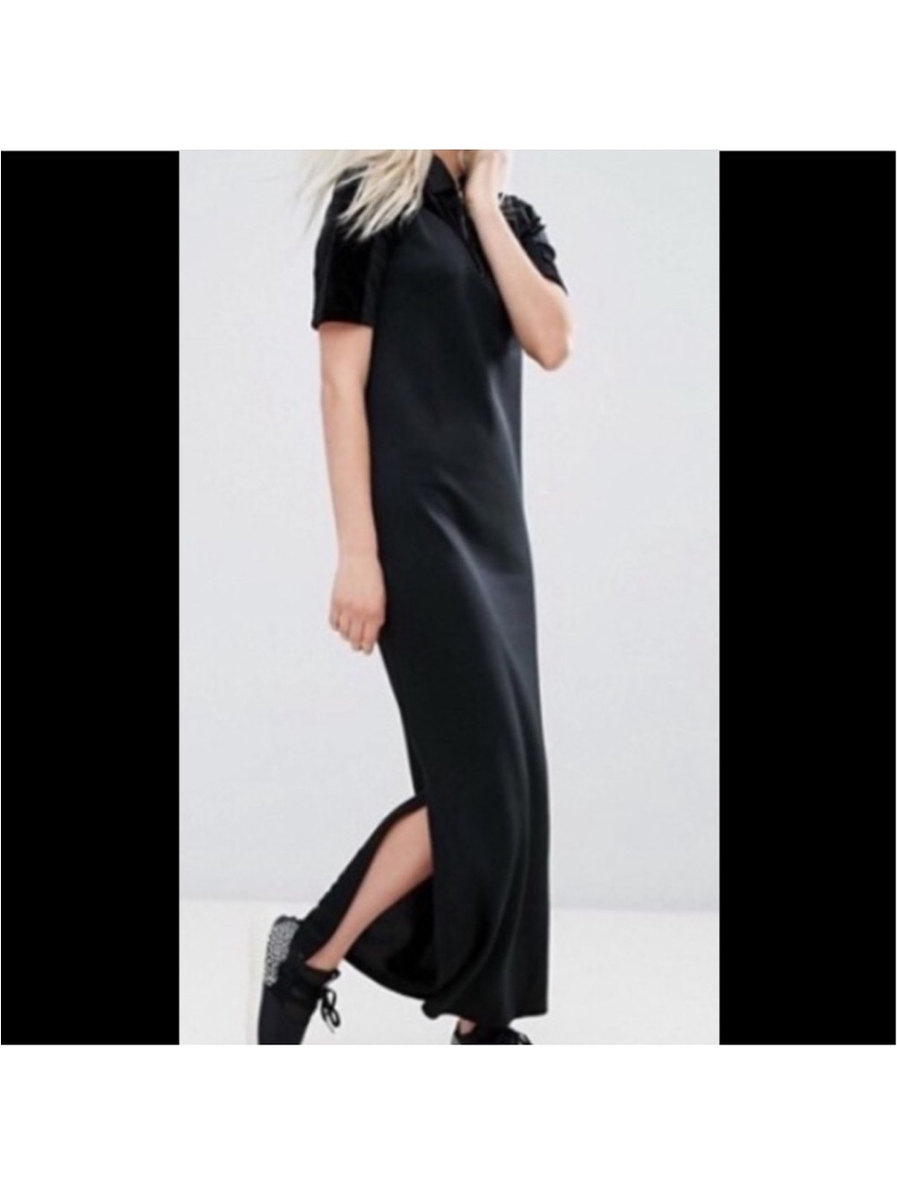 Black Short-Sleeve Maxi Dress with Side Slit